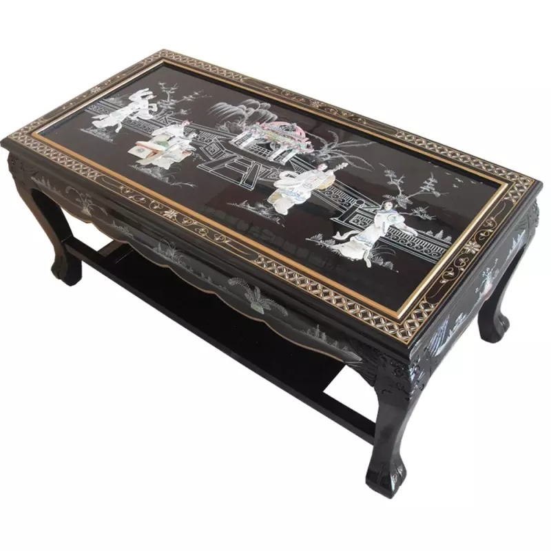 Table chinoise de salon laque noire avec incrustations de nacre