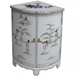 Meuble d'angle chinois blanc incrusté de nacres