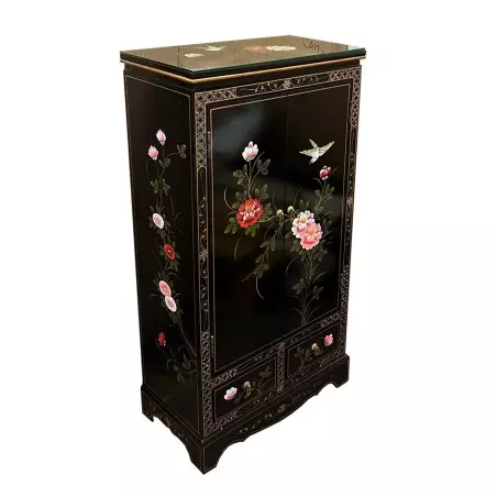 Armoire chinoise laque noire fleurs et oiseaux