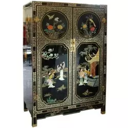 Armoire chinoise laquée 2 portes avec incrustations H120cm