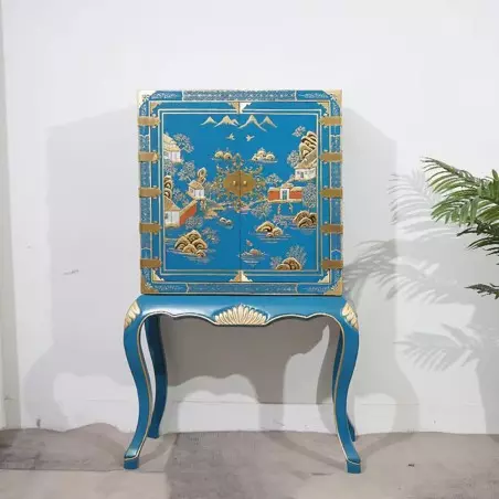 Armoire chinoise laque bleue sur support