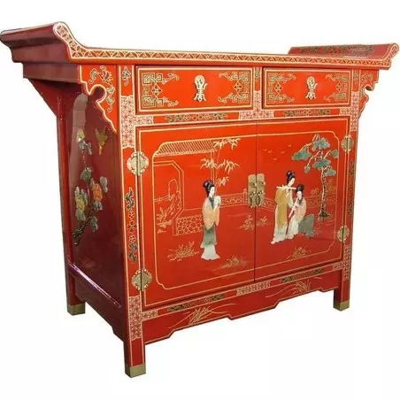 Buffet chinois temple laqué rouge 2 portes 2 tiroirs avec incrustations L97cm