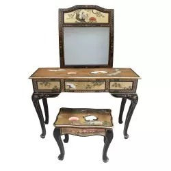 Coiffeuse chinoise laquée 3 tiroirs, 1 tabouret et 1 miroir