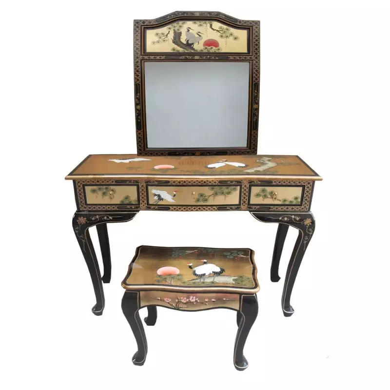 Coiffeuse chinoise laquée 3 tiroirs, 1 tabouret et 1 miroir