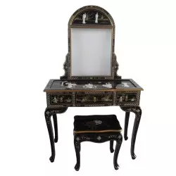 Coiffeuse chinoise laque noire avec miroir et tabouret