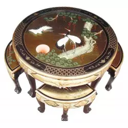 Table chinoise de salon et 4 tabourets laque mordorée