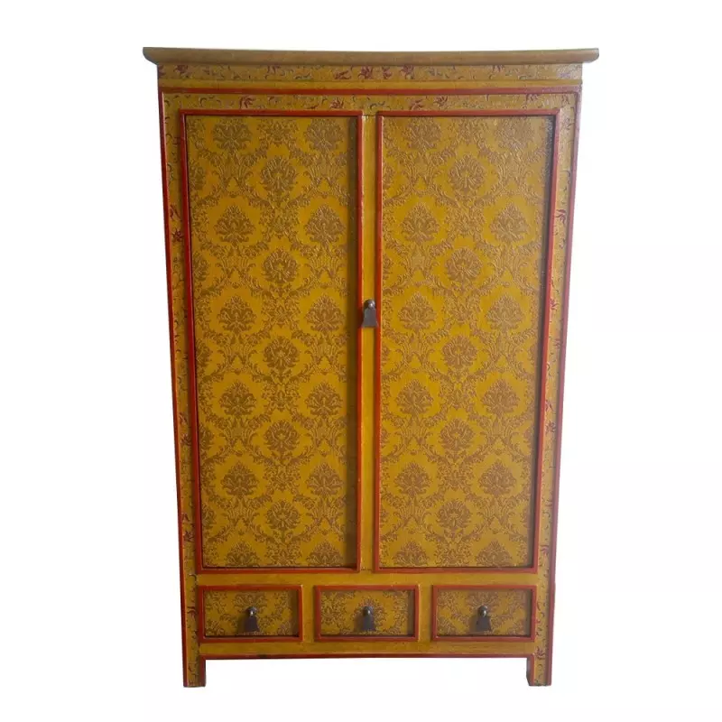 Armoire tibétaine jaune motifs floraux