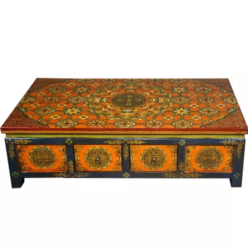 Table basse tibétaine 8T bleue et rouge motifs floraux