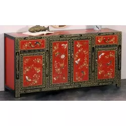 Buffet chinois rouge fleurs et papillons