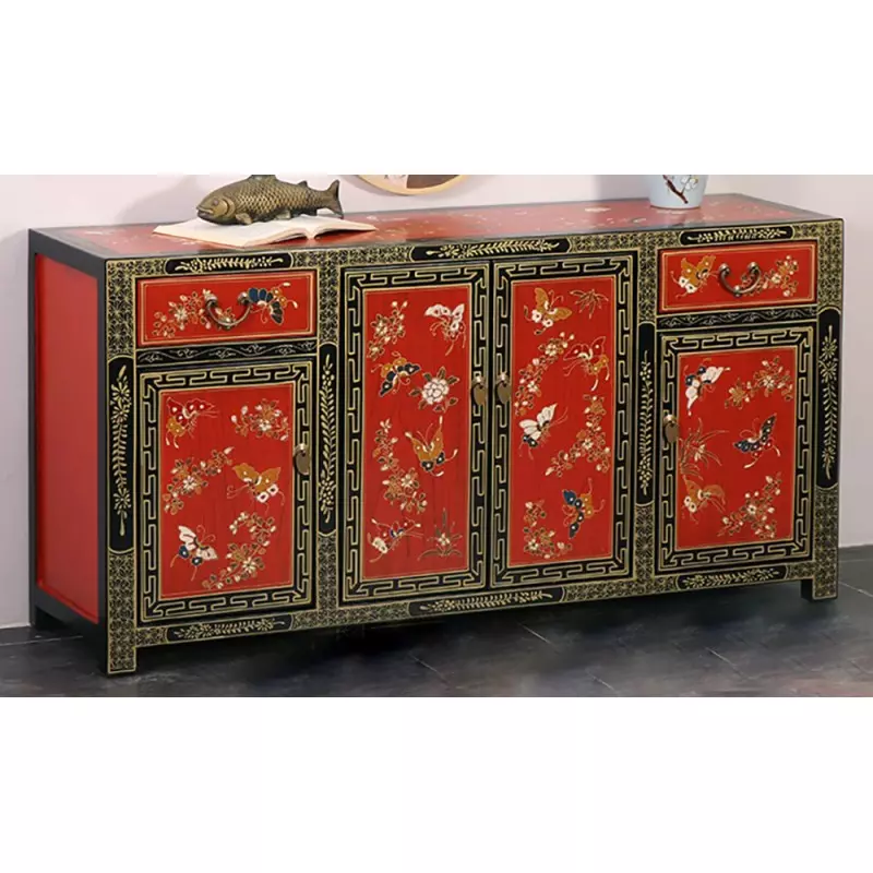 Buffet chinois rouge fleurs et papillons