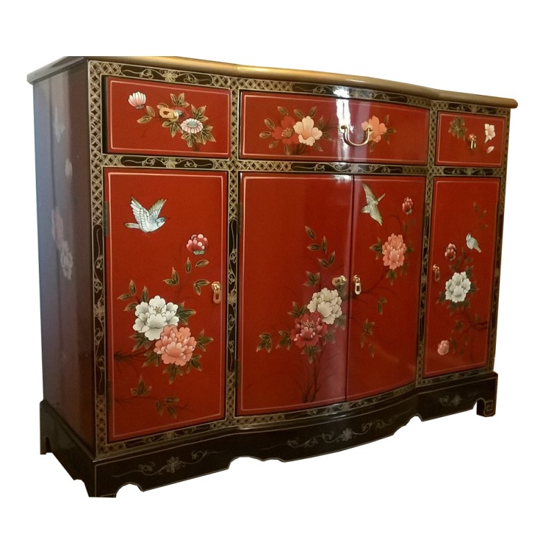 Buffet chinois laqué rouge foncé motifs fleurs et oiseaux