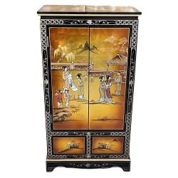 Armoire chinoise laque mordorée personnages peints