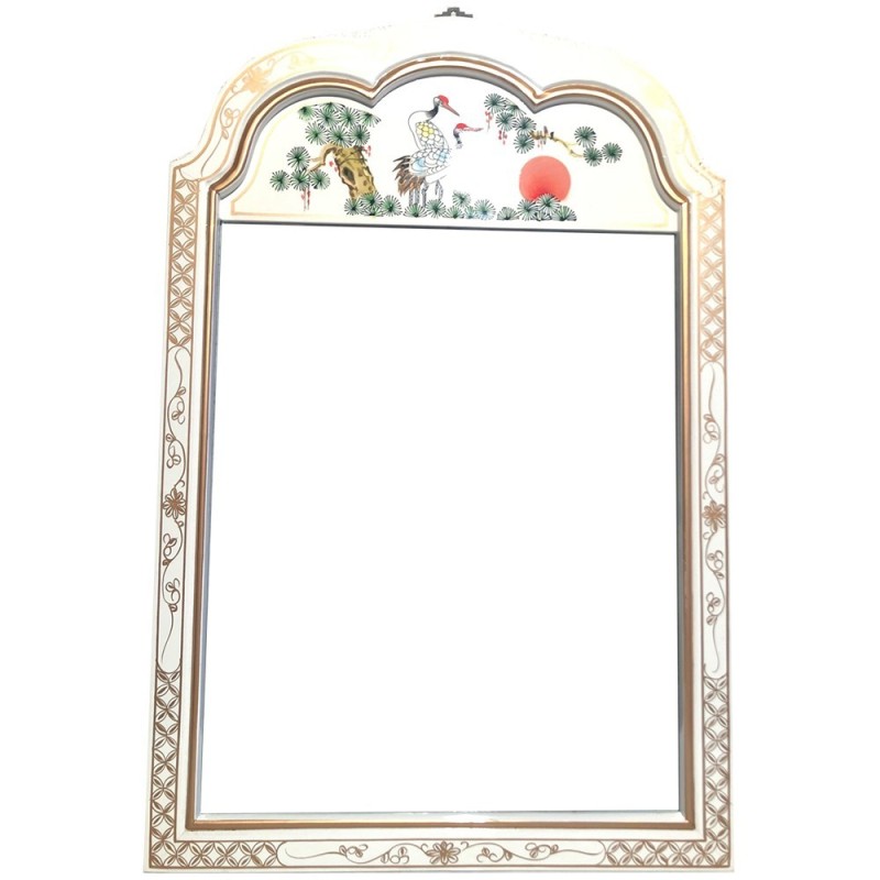 Miroir chinois laque blanche oiseau grue