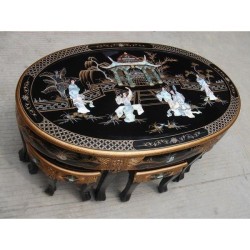 Table de salon laquée et 6 tabourets - meuble chinois laqué