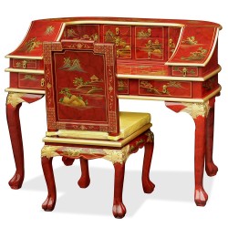 Bureau chinois laque rouge motifs paysages et sa chaise