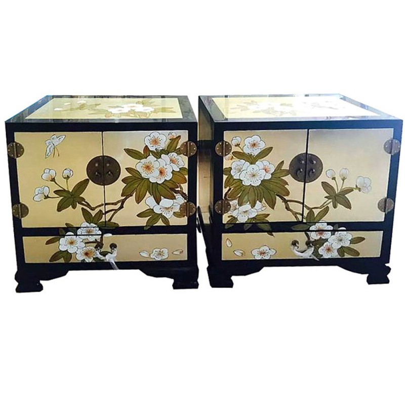 Chevet chinois laque dorée 2 portes 1 tiroir 56x36x60