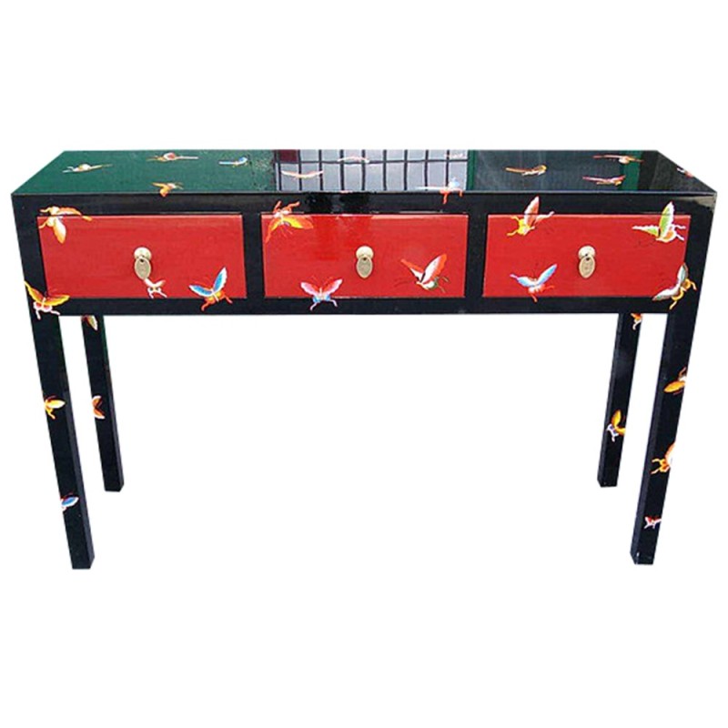 Console laque rouge papillons dorés 110x35x85