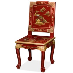 Chaise chinoise dossier carré laque  rouge