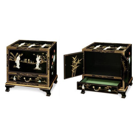 Meuble d'appoint chinois laque noire avec incrustations de nacre