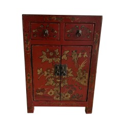 Meuble chinois rouge peint de fleurs et oiseaux