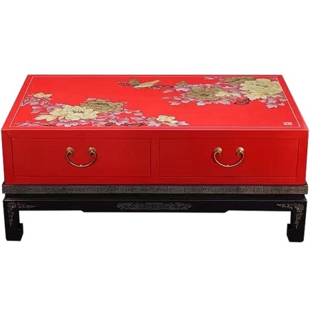 Table basse chinoise laquée rouge 2 tiroirs