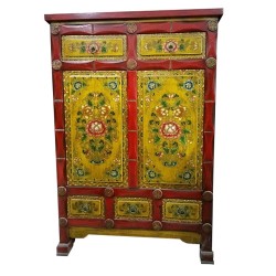 Armoire tibétaine jaune 2 portes 5 tiroirs