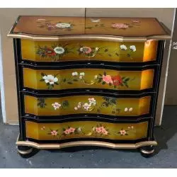 Commode chinoise laque mordorée fleurs et oiseaux