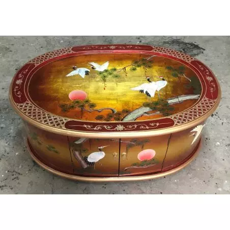 Table basse chinoise laque mordorée motifs oiseaux grues