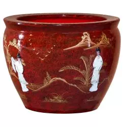 Cache pot chinois rouge avec incrustations de nacre