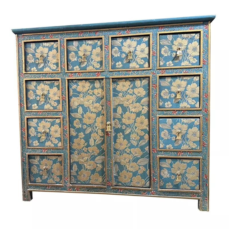 Commode tibétaine bleue 10 tiroirs 2 portes