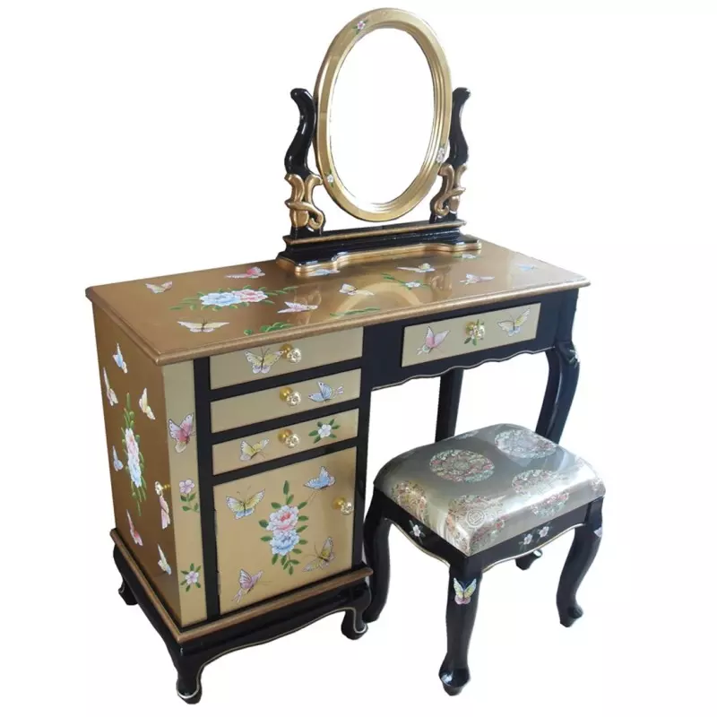 Coiffeuse chinoise laquée doré avec tabouret et miroir