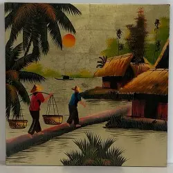 Tableau vietnamien - Village sur l'eau